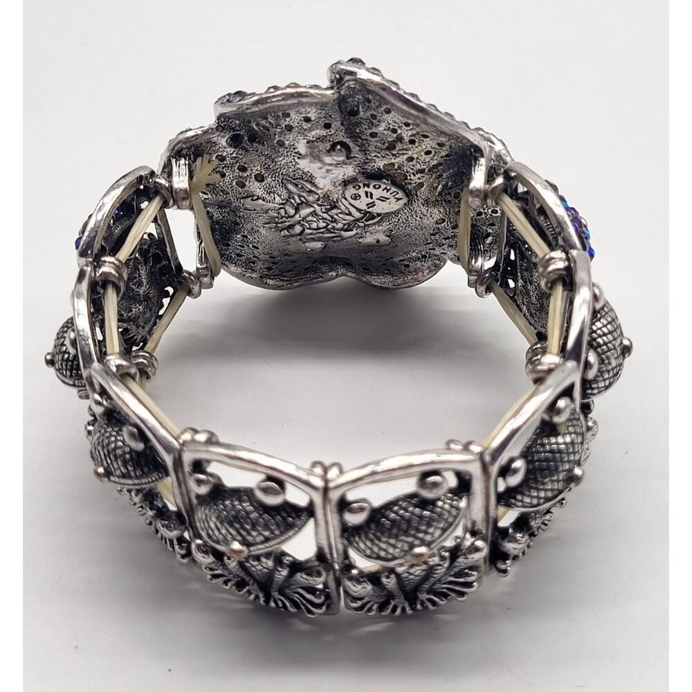 YUHONG Rhinestone Stretch Silver Tone Bracelet FROG Whimsical Bling Fairy Flower - Picture 4 of 12